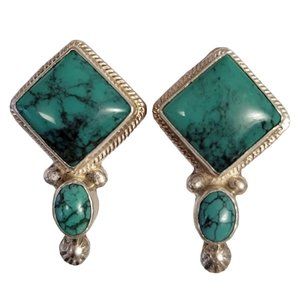 Victor Sterling, Turquoise Square Oval Clip-On Earrings, Signed E1